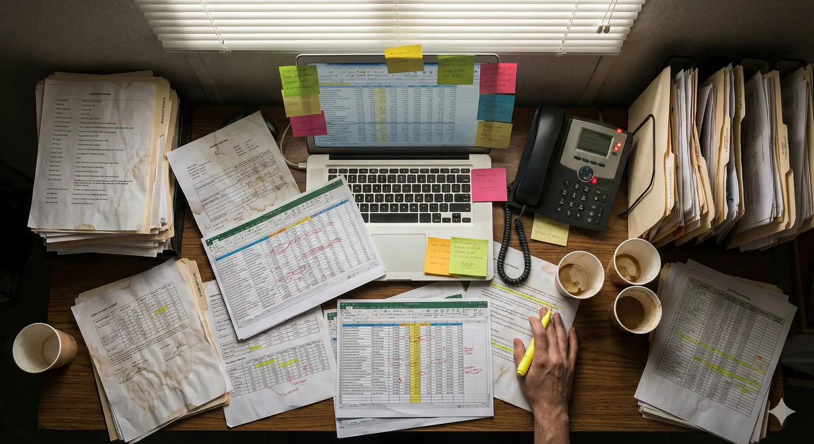 Chaotic spreadsheet-based project management showing fragmented data