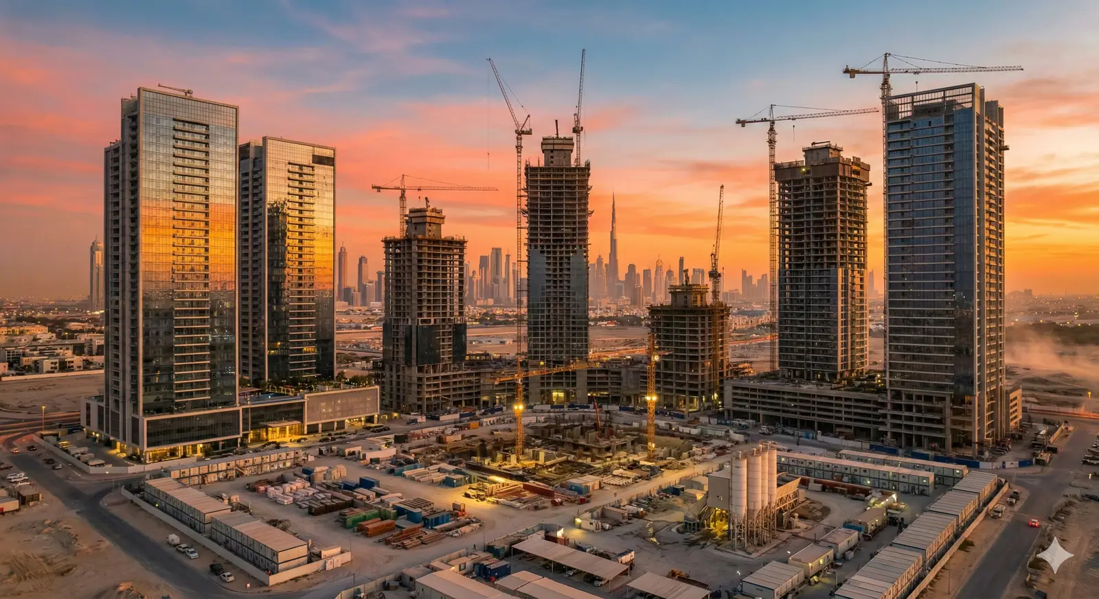 Modern construction site at sunset