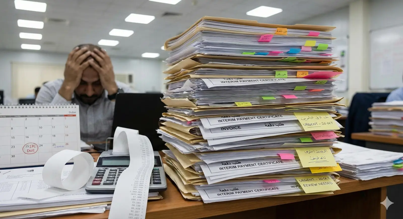 Stack of pending payment certificates and approval documents