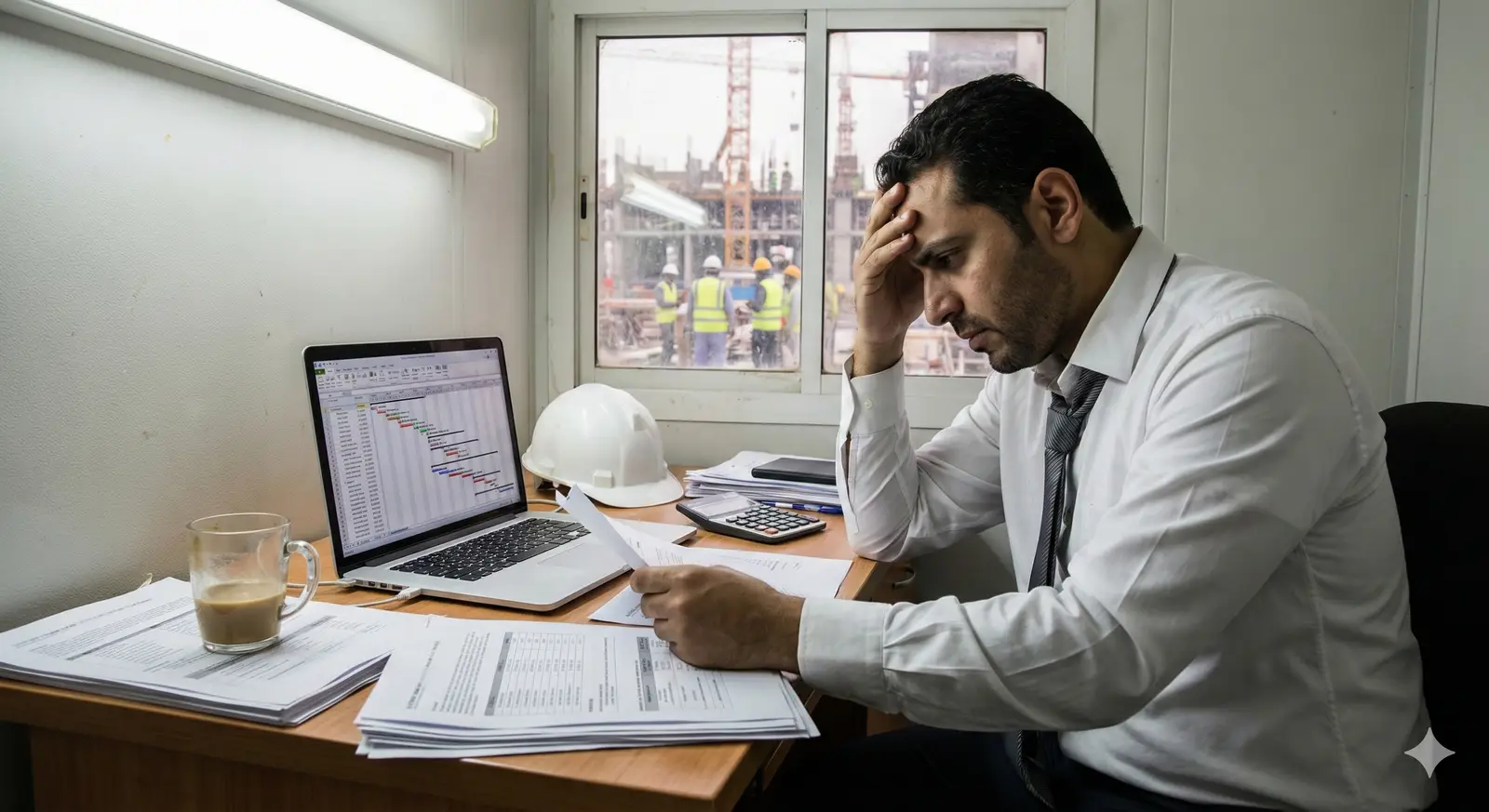 Frustrated project manager comparing conflicting progress reports