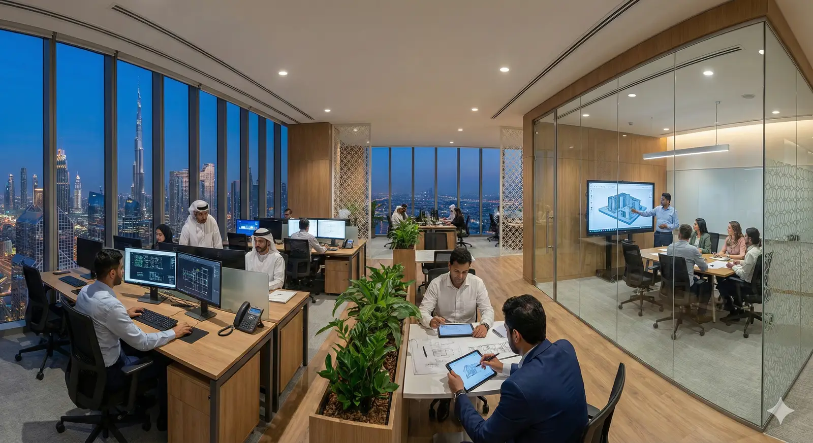 Modern office with engineering team collaboration