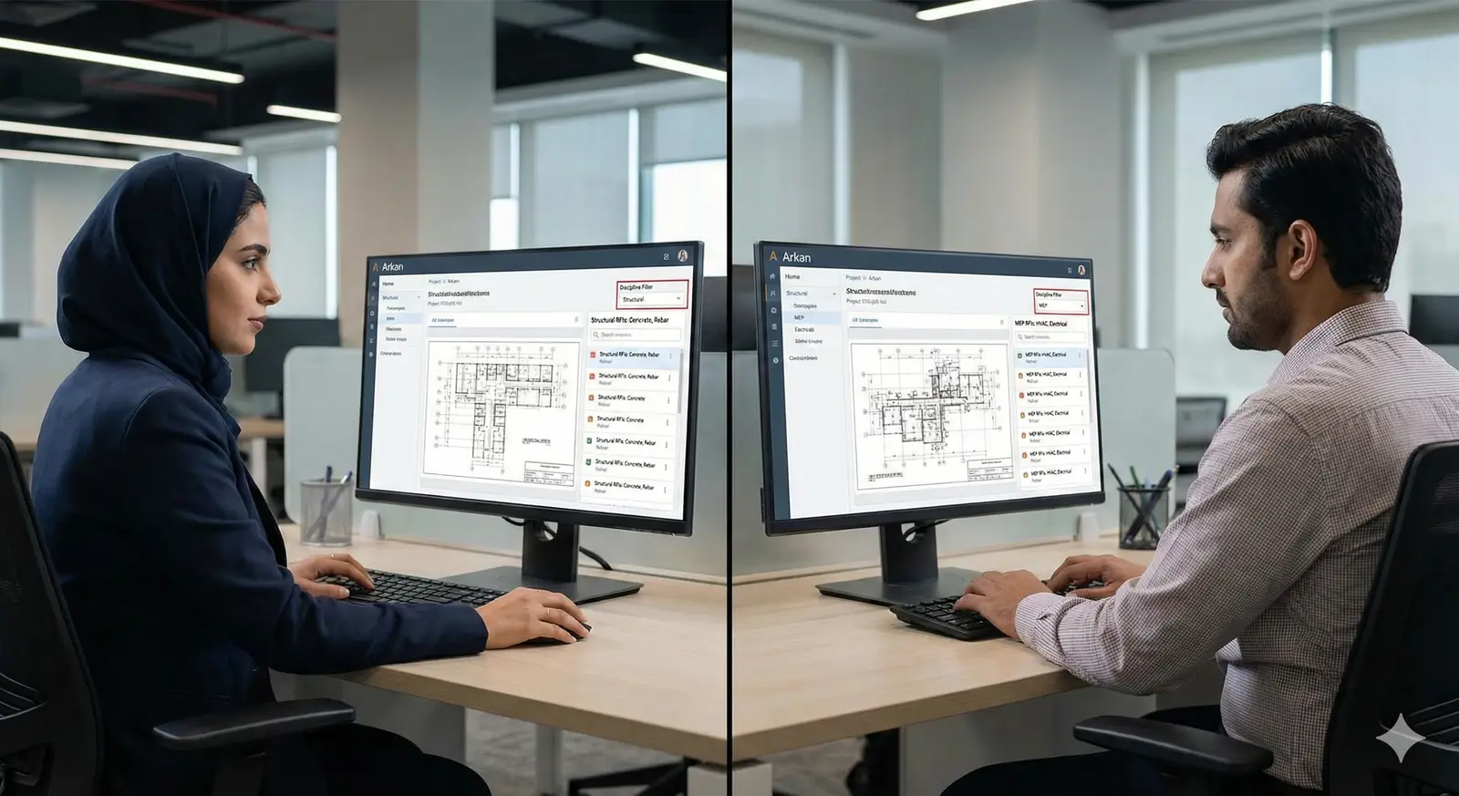 Discipline-specific filtered views for structural, MEP, architecture