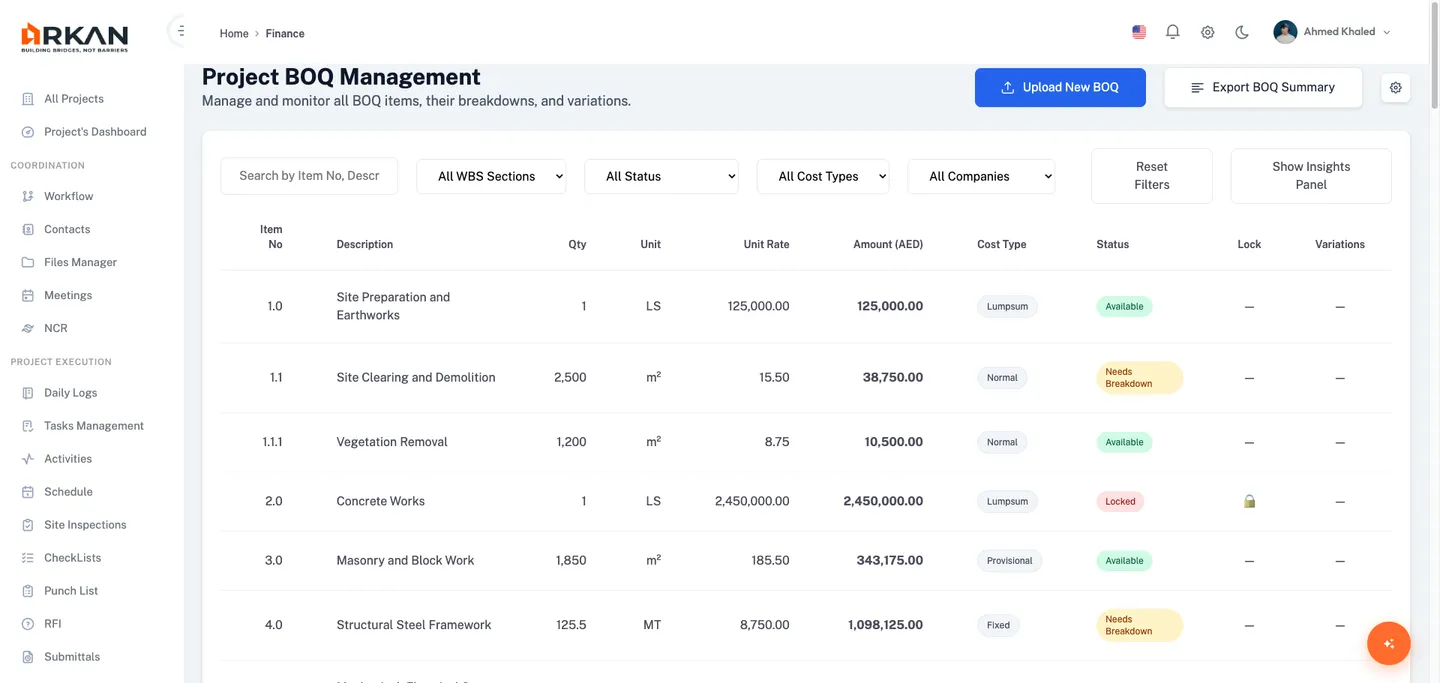 BOQ Variations Management