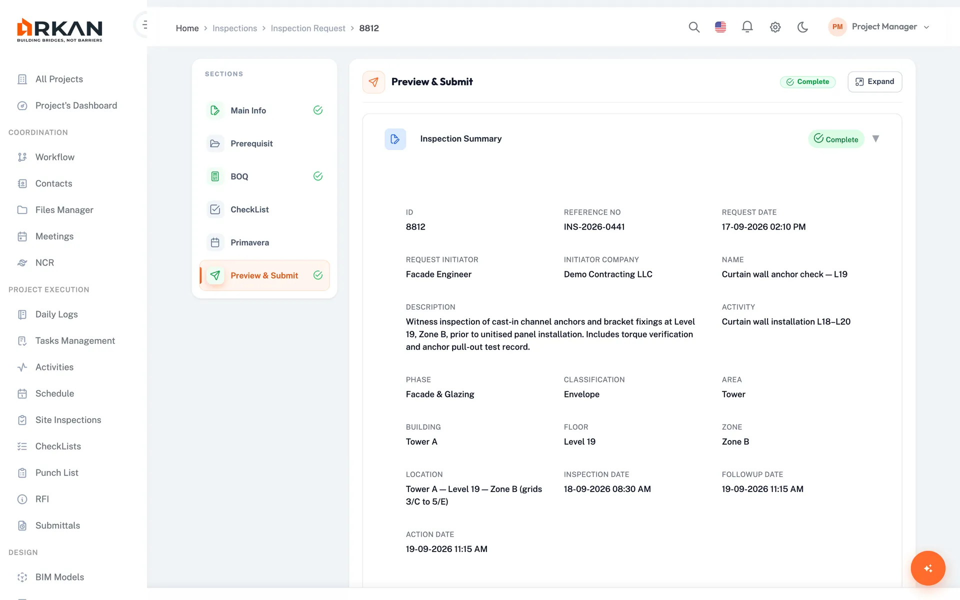 New inspection request wizard in Arkan