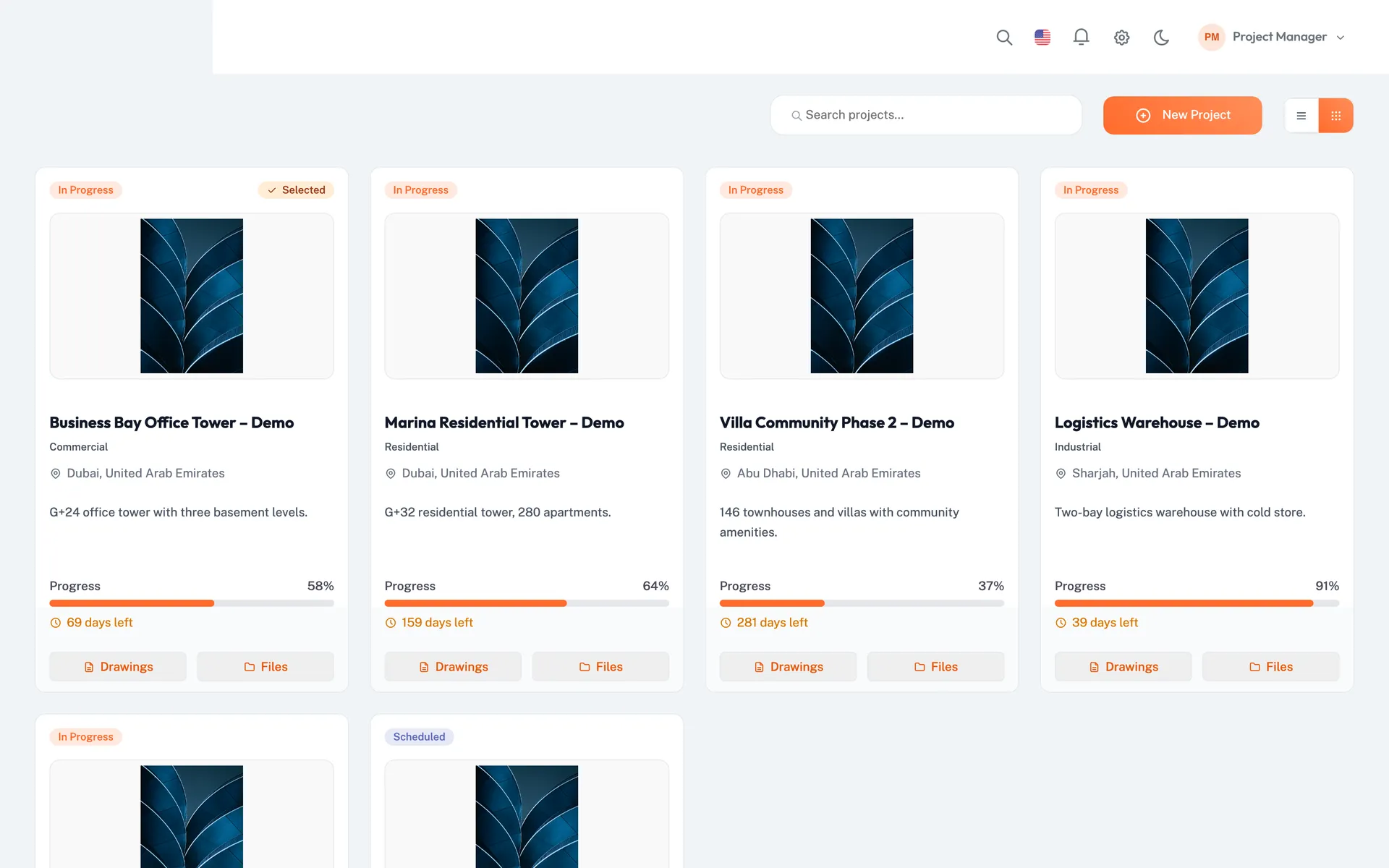 Project list showing project cards with status badges, progress bars and days left