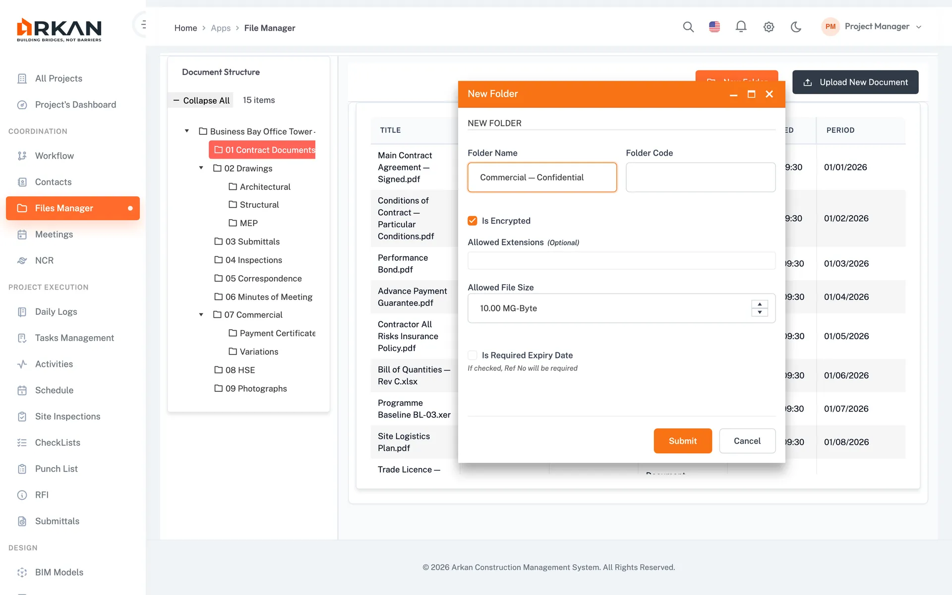 File Manager showing the folder tree and folder settings