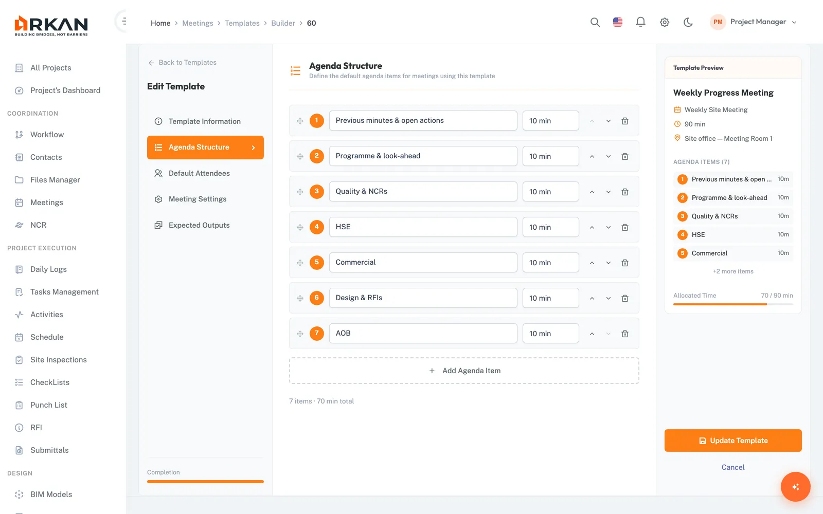 Meeting template builder