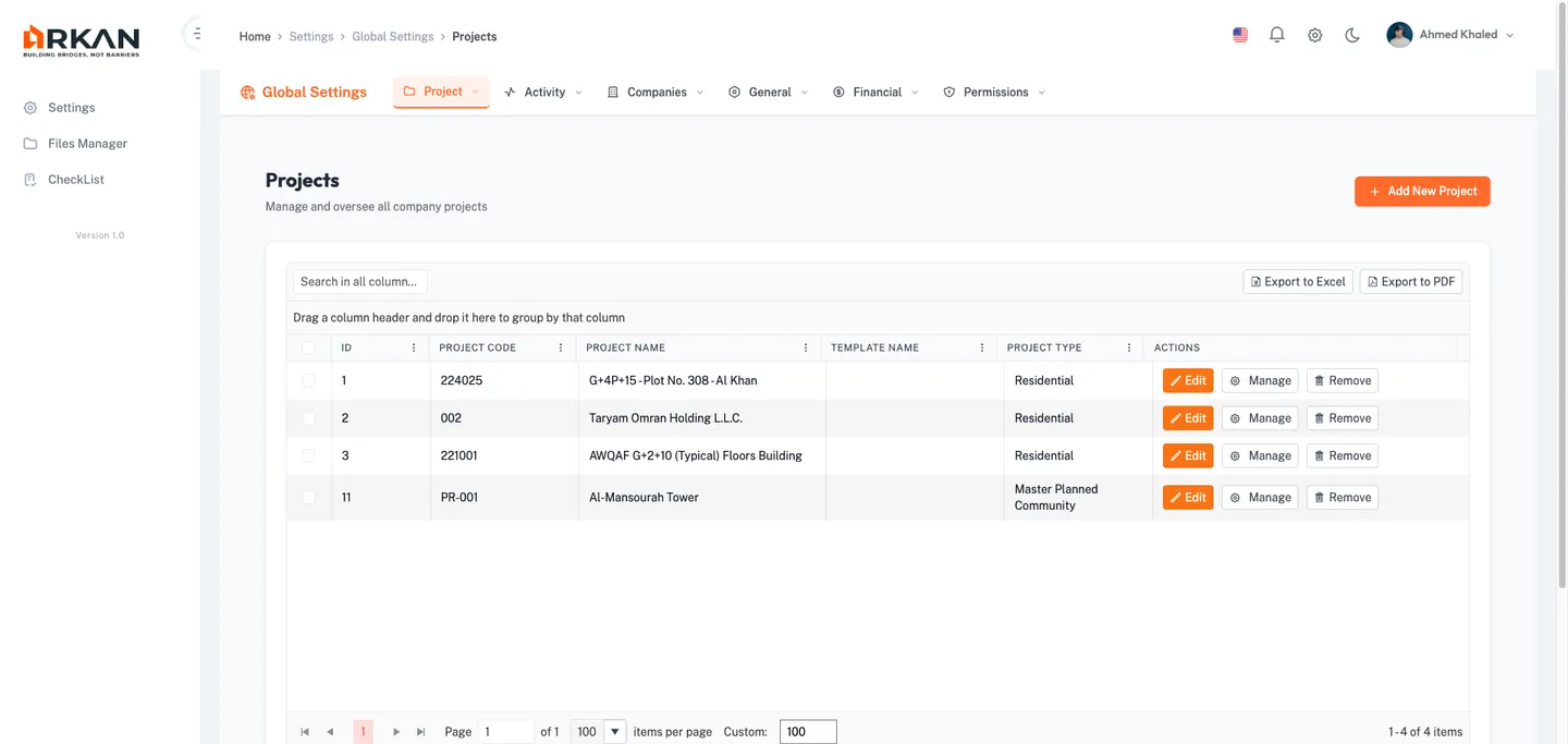 Global Settings navigation